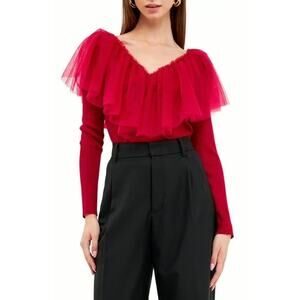 Endless Rose Red Tulle Ruffle V-Neck Top – XS